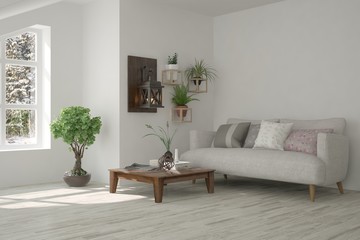 Idea of white minimalist room with sofa. Scandinavian interior design. 3D illustration