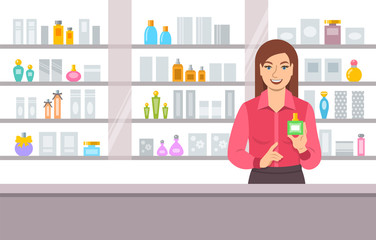 Perfumer girl near shelves with perfumes. Young woman seller offering bottle with new aroma at the counter of a perfume shop. Cosmetic store vector cartoon background
