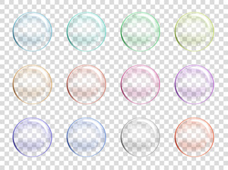 Raster Soap Water Bubbles Set. Transparent Isolated Realistic Design Elements. Can be used with any Background.
