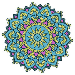 Ethnic Fractal Mandala Raster Meditation looks like Snowflake or Maya Aztec Pattern or Flower too Isolated on White Colorful