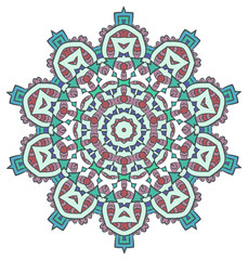 Ethnic Fractal Mandala Raster Meditation looks like Snowflake or Maya Aztec Pattern or Flower too Isolated on White Colorful
