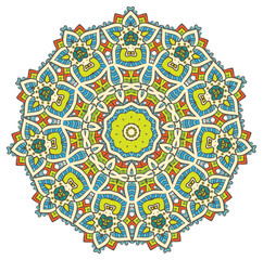 Ethnic Fractal Mandala Raster Meditation looks like Snowflake or Maya Aztec Pattern or Flower too Isolated on White Colorful