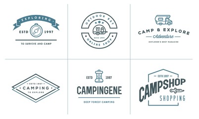 Set of Raster Camping Camp Elements With Fictitious Names and Outdoor Activity Icons Illustration can be used as Logo or Icon in premium quality