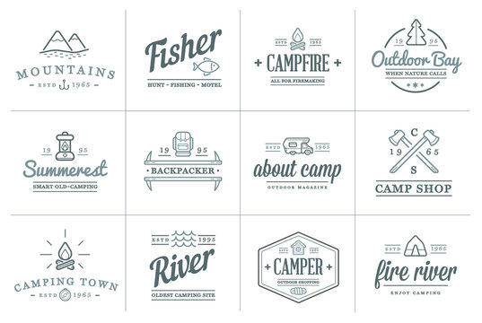 Set of Raster Camping Camp Elements and Outdoor Activity Icons Illustration can be used as Logo or Icon in premium quality