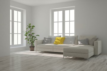 Naklejka na ściany i meble Idea of white minimalist room with sofa. Scandinavian interior design. 3D illustration