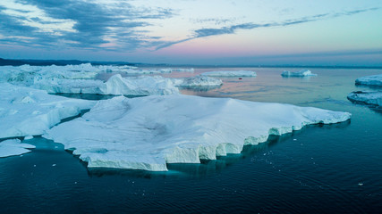 Largest icebergs in the Greenland. Drone view ificebergs field
