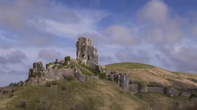 Ruins of the Corfe Castle in Dorset in England - Time Lapse Video