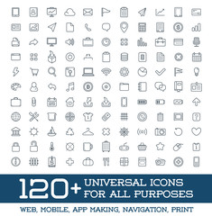 Obraz na płótnie Canvas 120 Universal Icons Set For All Purposes Web, Mobile, App Making, Navigation, Print