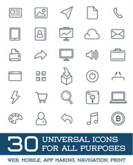 30 Universal Icons Set For All Purposes Web, Mobile, App Making, Navigation, Print