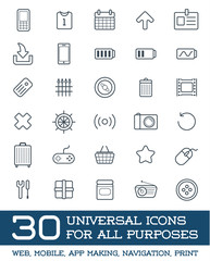 30 Universal Icons Set For All Purposes Web, Mobile, App Making, Navigation, Print