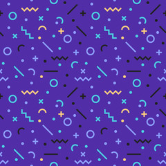 Abstract, seamless, geometric pattern, Memphis style. Retro hipsters design in 80s or 90s style. Ready for print on fabric, paper, website backdrop, Flat vector illustration.