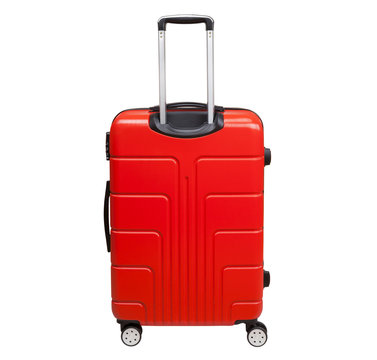 Red suitcase isolated on white background. Polycarbonate suitcase isolated on white. Red suitcase.