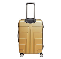 Golden sandy suitcase isolated on white background. Polycarbonate suitcase isolated on white....