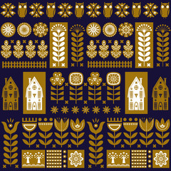 Scandinavian folk art seamless vector pattern with flowers, trees, owl, houses with decorative elements in simple style