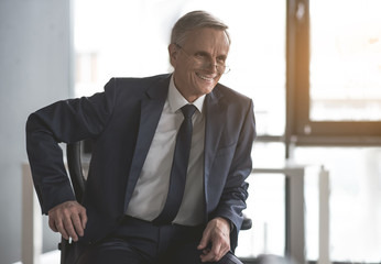 Portrait of beaming old businessman sitting on cozy chair in office. Cheerful employer concept