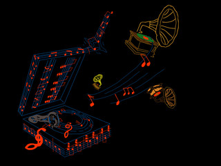 Old gramophone with musical notes 3D rendering