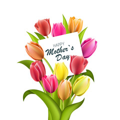 Happy Mothers Day lettering. Mothers day greeting card with Blooming Tulip Flowers. Vector illustration EPS10