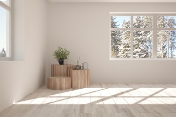 White empty room with winter landscape in window. Scandinavian interior design. 3D illustration