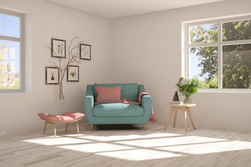Idea of white room with armchair and summer landscape in window. Scandinavian interior design. 3D illustration