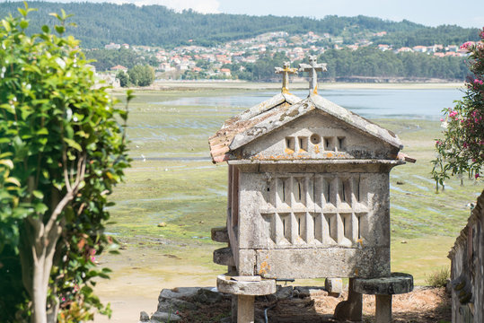 Horreos, traditional galician granary in Combarro. Galicia, Spain