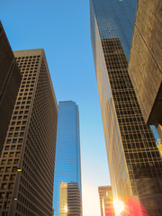 Fototapeta premium Street skyline of modern buildings against a blue sky in downtown of Dallas, Texas, USA. Open free scenic view of American skyscrapers and architecture of city center district.