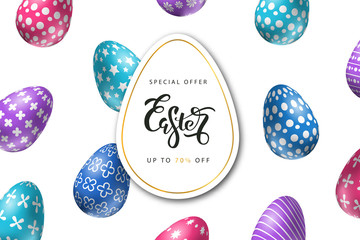 Vector realistic isolated poster for Easter sale with eggs for decoration and covering on the white background. Concept of Happy Easter.