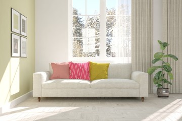 White room with sofa and winter landscape in window. Scandinavian interior design. 3D illustration