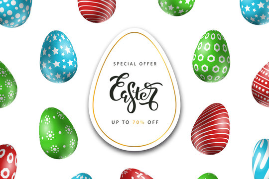 Vector realistic isolated poster for Easter sale with eggs for decoration and covering on the white background. Concept of Happy Easter.
