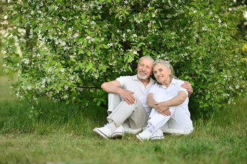 Happy senior couple sitting outdoors