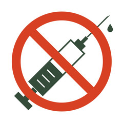 No drugs allowed. Syringe with forbidden sign - no drug. Syringe icon in prohibition red circle. Anti drugs. Just say no. Isolated vector illustration on white background.