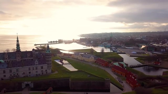 Elsinore castle aerial view with ferry, port, park and view on Sweden coast.