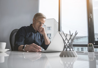 Portrait of concentrated old businessman looking at laptop while sitting at table in office. Abstracted worker during occupation concept