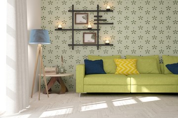 Idea of green minimalist room with sofa. Scandinavian interior design. 3D illustration