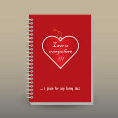 Fototapeta na wymiar vector cover of diary or notebook with ring spiral binder - format A5 - layout brochure concept - red colored heart with string - scrapbooking pattern