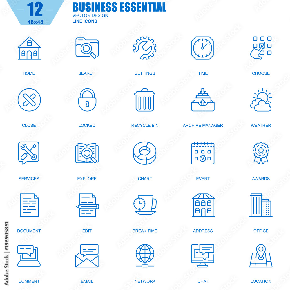 Fototapete Thin line business essential, communication and office icons set for website and mobile site apps. Contains such Icons as Chart, Awards. 48x48 Pixel Perfect. Editable Stroke. Vector illustration.
