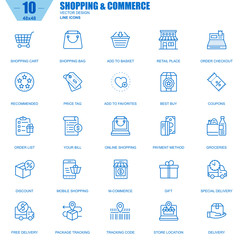 Thin line online shopping and e-commerce icons set for website and mobile site and apps. Contains such Icons as Basket, Delivery, Price Tag. 48x48 Pixel Perfect. Editable Stroke. Vector illustration.