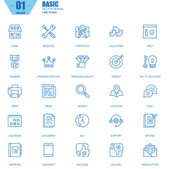Thin line basic icons set for website and mobile site and apps. Contains such Icons as Portfolio, Services, Target, Awards, Support. 48x48 Pixel Perfect. Editable Stroke. Vector illustration.
