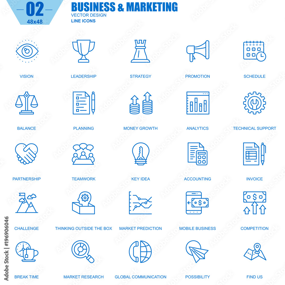 Poster thin line business and marketing icons set for website and mobile site and apps. contains such icons