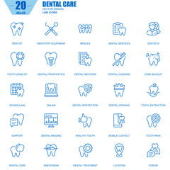 Thin line dental care, dentistry equipment, hygiene icons set for website and mobile site and apps. Contains such Icons as Dentist, Braces. 48x48 Pixel Perfect. Editable Stroke. Vector illustration.