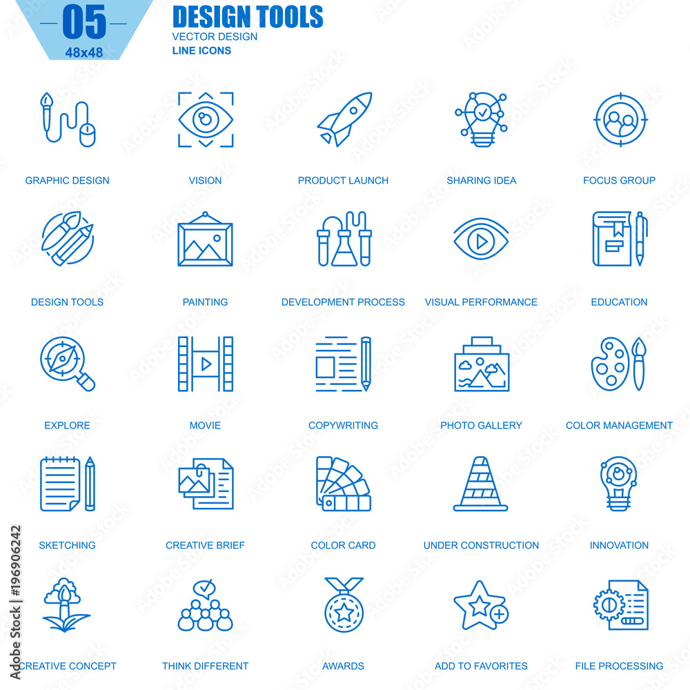 Poster Thin line design tools, art and media icons set for website and mobile site and apps. Contains such Icons as Innovation, Vision, Painting. 48x48 Pixel Perfect. Editable Stroke. Vector illustration.
