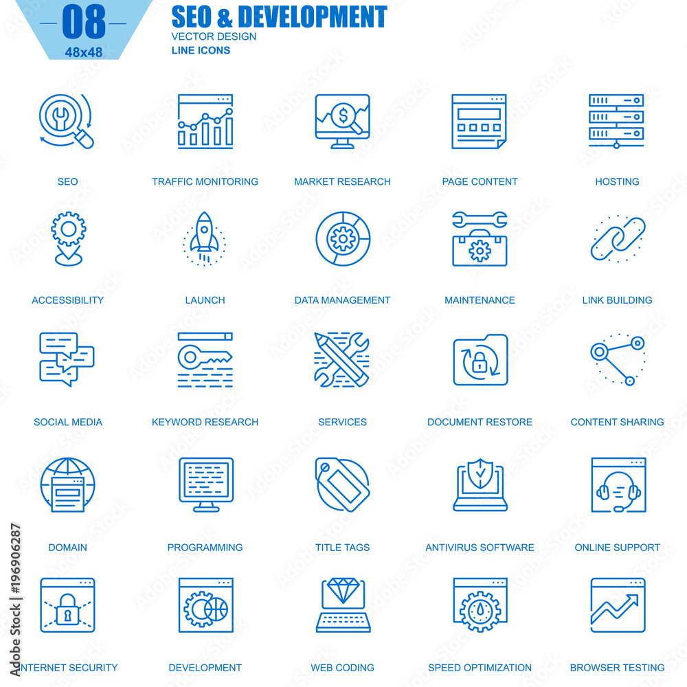 Poster thin line seo and development icons set for website and mobile site and apps. contains such icons as