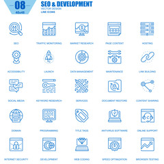 Thin line seo and development icons set for website and mobile site and apps. Contains such Icons as Hosting, Market Research, Programming. 48x48 Pixel Perfect. Editable Stroke. Vector illustration.