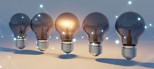 Bright lightbulbs and connections lined up 3D rendering