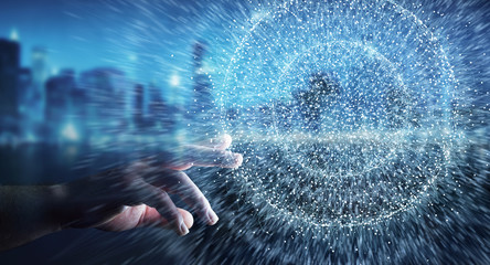 Businesswoman using digital network connection sphere 3D rendering