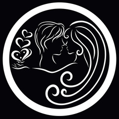 A loving couple in a round frame, a butterfly and hearts in hand