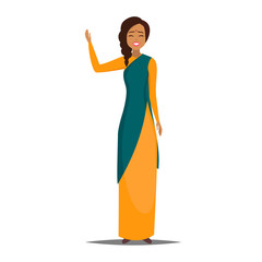 Cartoon business indian woman character with saree. Smiling girl in saree with a raised hand welcomes. Young indian business woman. Vector illustration isolated from white