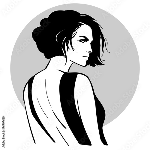 Bob Hairstyle Beautiful Woman Portrait In Black Open Back