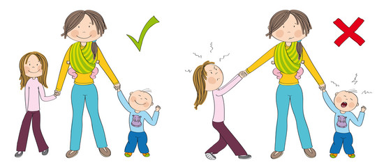 Naughty kids (sibling) vs. good kids. Good behaving children vs. children fighting mother's attention, jealous girl tugging her mother's hand, little toddler boy crying. Hand drawn illustration.