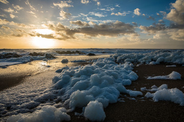 Écume de mer sur la plage au coucher du soleil