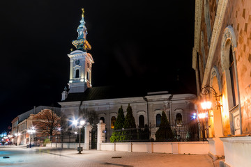 Naklejka premium Novi Sad, Serbia March 14, 2018: Serbian orthodox church (Saborna crkva) in Novi Sad, capital of Vojvodina, northern serbian province by night.